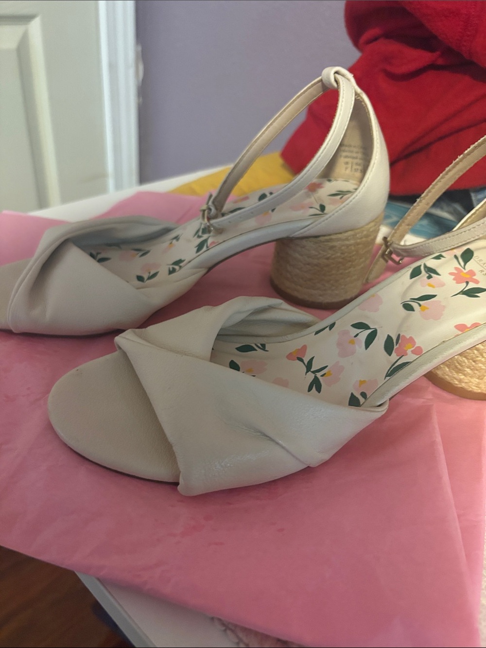 RSVP Cream Twisted Front Ankle-Tie Wedge Sandals